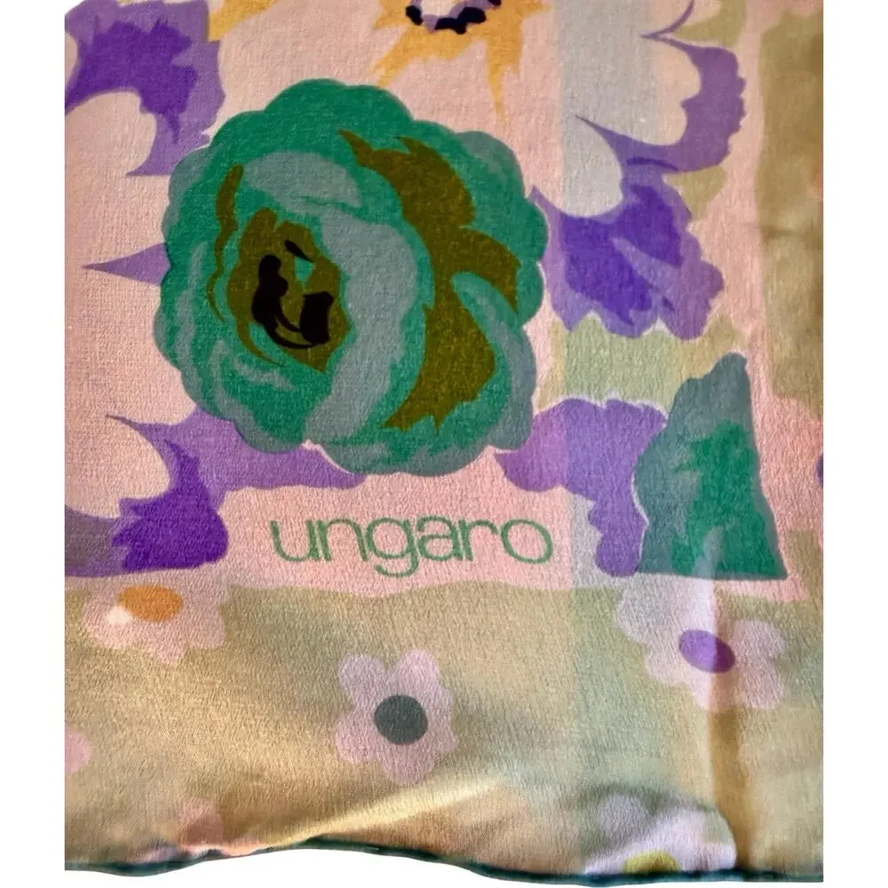 Vintage Ungaro Silk Floral Scarf 1990s Purple Green Yellow Square 34x34